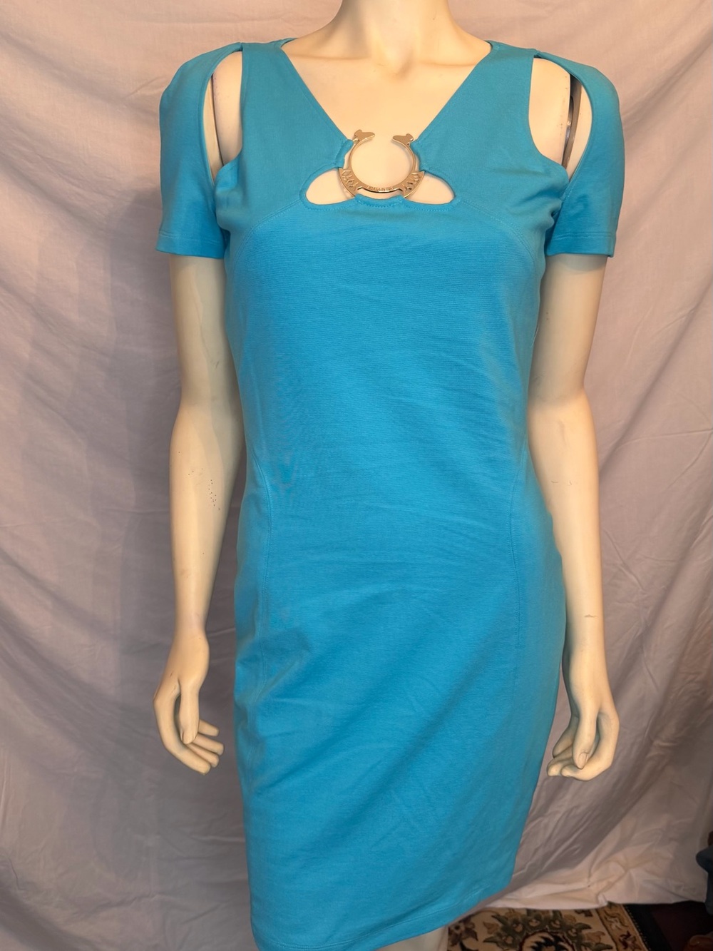 NWT Versace Jeans Turquoise Cutout Bodycon Dress Gold Logo Detail Size